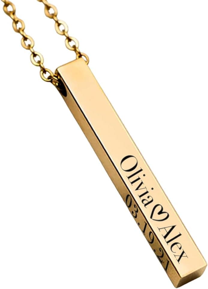 Elosh Customized Elegance 3D Vertical Bar Necklace with Engraved Name Pendant Personalized with your text Custom made