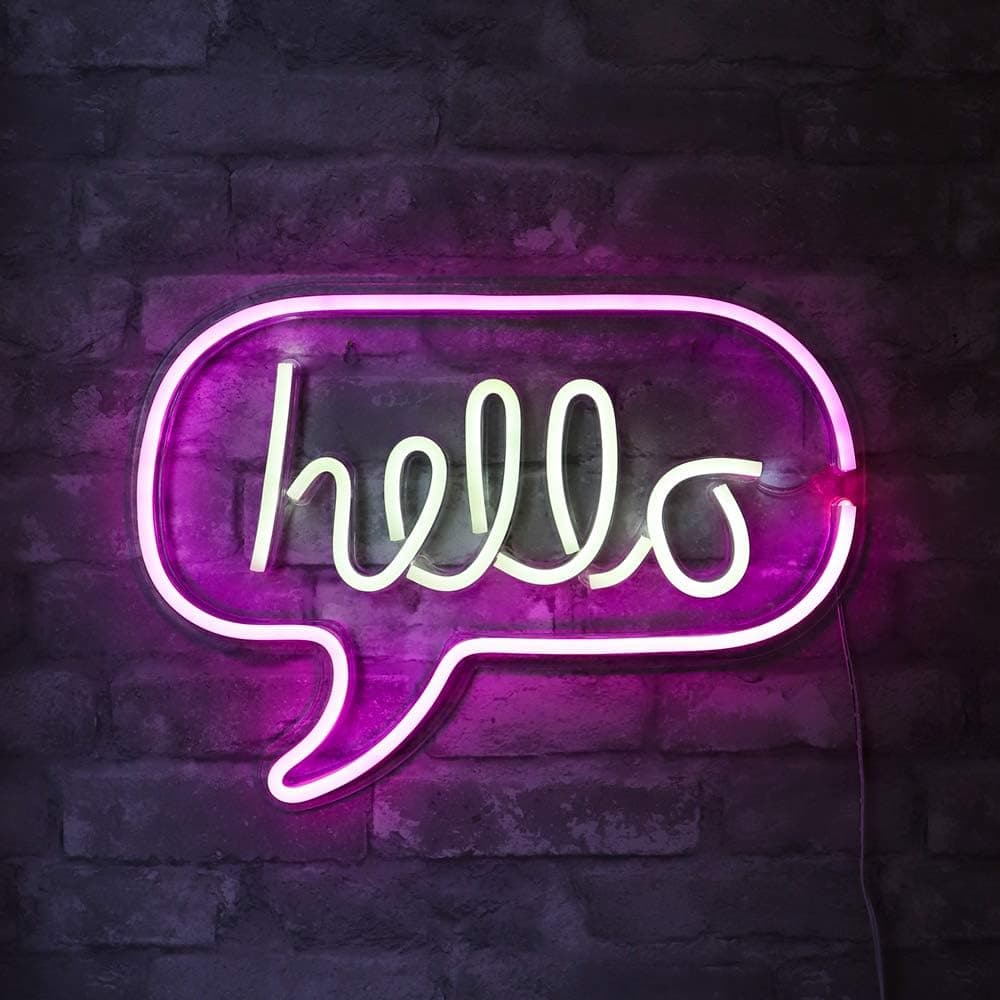 Isaac Jacobs 17" x 12" inch LED Neon 'White & Pink "hello" Word Bubble' Wall Sign for Cool Light, Wall Art, Bedroom Decorations, Home Accessories, Party, and Holiday Décor: Powered by USB Wire (HELLO)