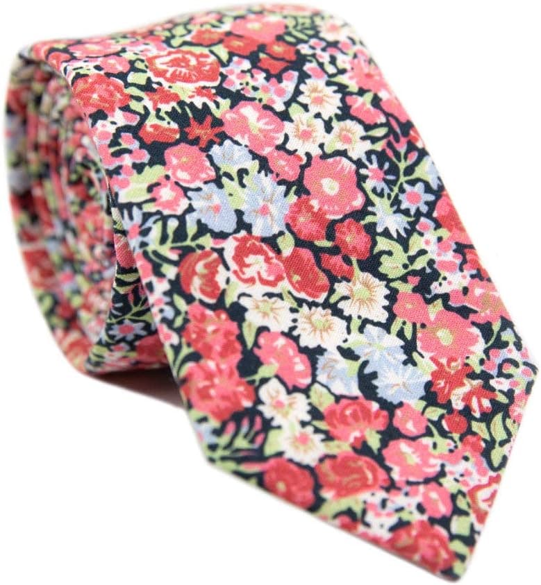 DAZI Men's Skinny Tie Floral Print Cotton Necktie, Great for Weddings, Groom, Groomsmen, Missions, Dances, Gifts.