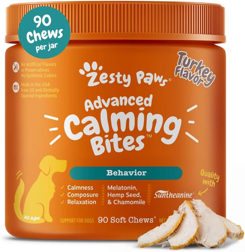 Zesty Paws Calming Chews for Dogs - Dog Calming Chews for Composure & Relaxation - Dog Calming Treats for Everyday Stress & Separation - Turkey - 90 Count