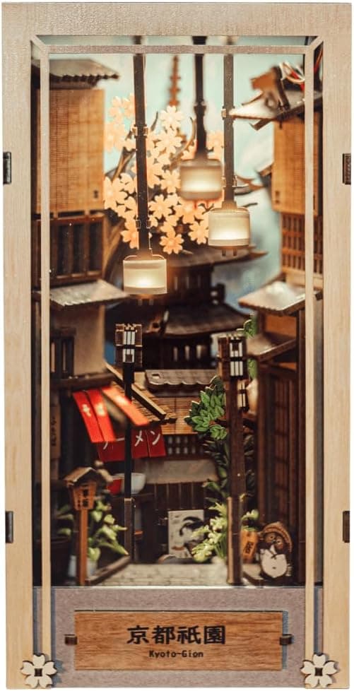 Anavrin Book Nook Kit Kyoto Gion – DIY 3D Wooden Booknook for Adults, Teens and Book Lovers, Bookshelf Insert Library Decor, Creative Gift for Family, Friends, and Elderly