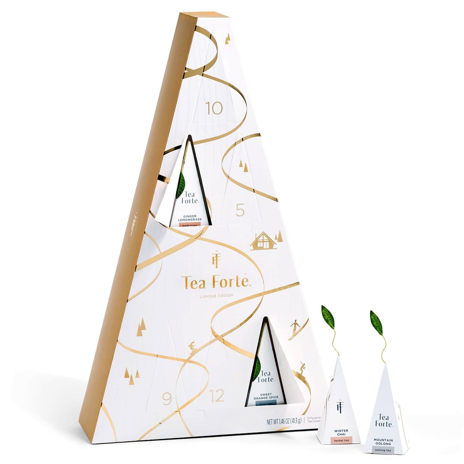 Tea Forte Tea Advent Calendar Gift Set; 12 Individually Wrapped Handcrafted Assorted Pyramid Infuser Tea Bags with Numbered Doors, Winter Chalet