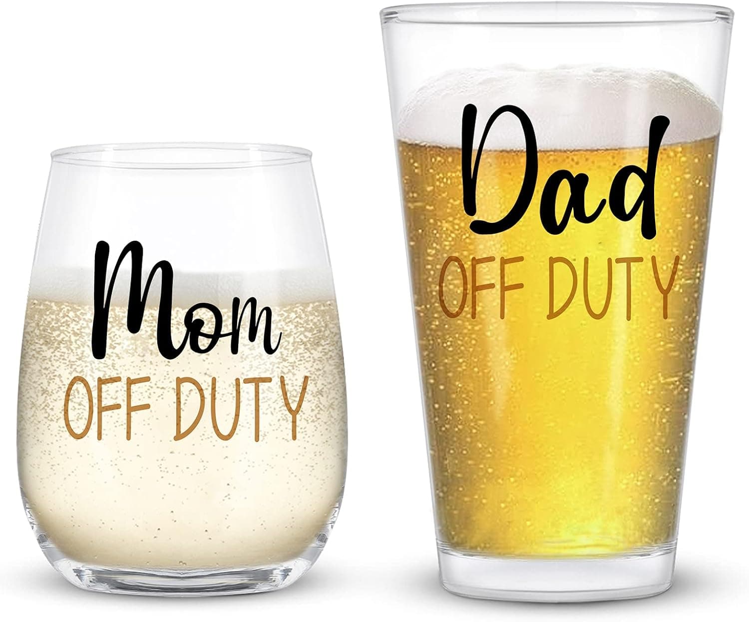 Futtumy Dad & Mom Gift Set - Off Duty Beer & Stemless Wine Glass Combo for New Parents, Funny Gift for Father's Day, Mother's Day, Christmas, Birthday, Baby Shower