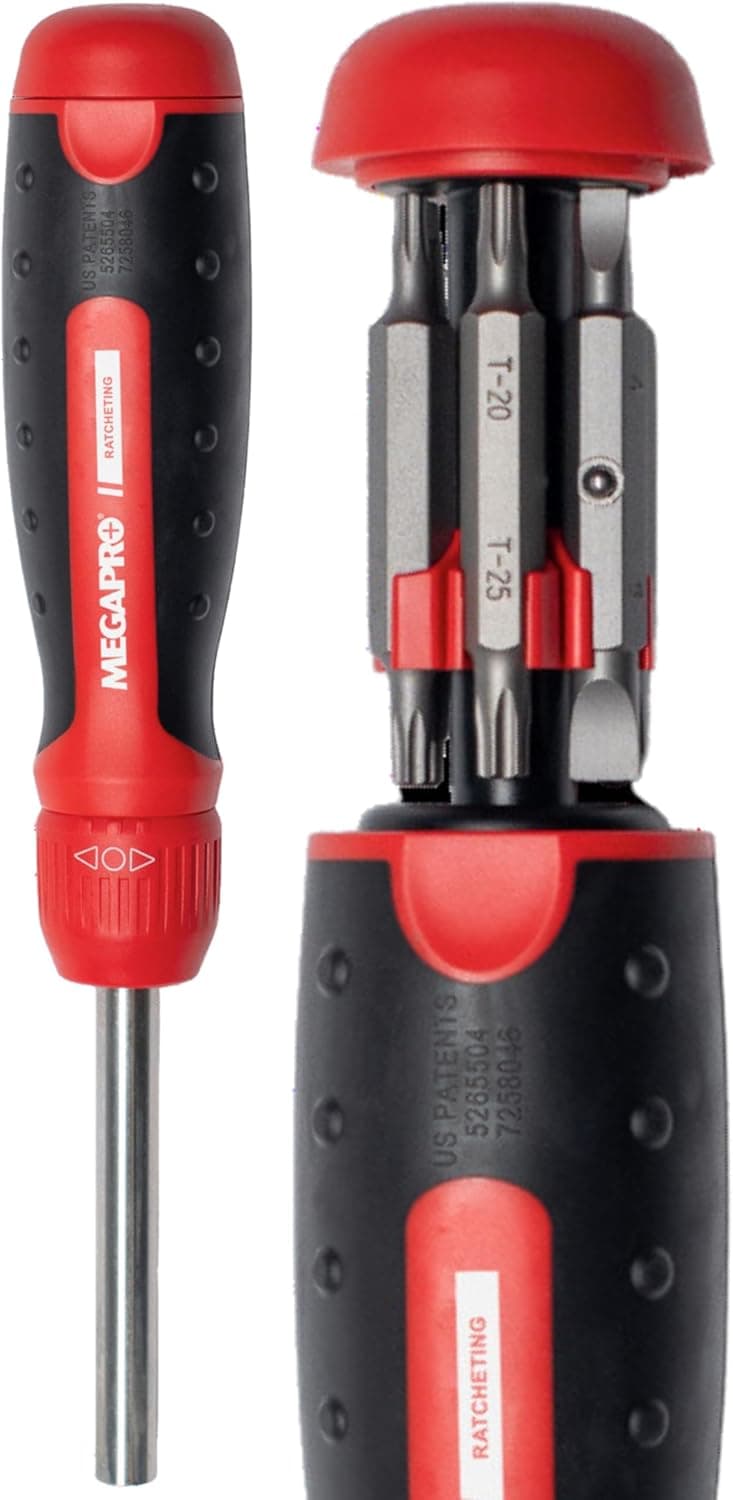 Ratcheting Screwdriver - 13-in-1 Multi Bit Screw Driver w/ ¼" Hex Shaft for Phillips, Star, Flat, Square Bit - Ratchet Screwdriver w/Retractable Cartridge - Multi Screwdriver