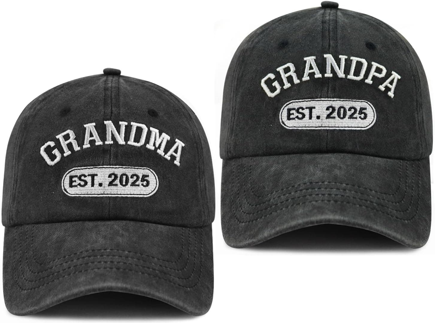 2PCS Grandpa and Grandma EST 2025 Hats for Men Women, Adjustable Washed Cotton Embroidered Grandparents Gifts Baseball Cap