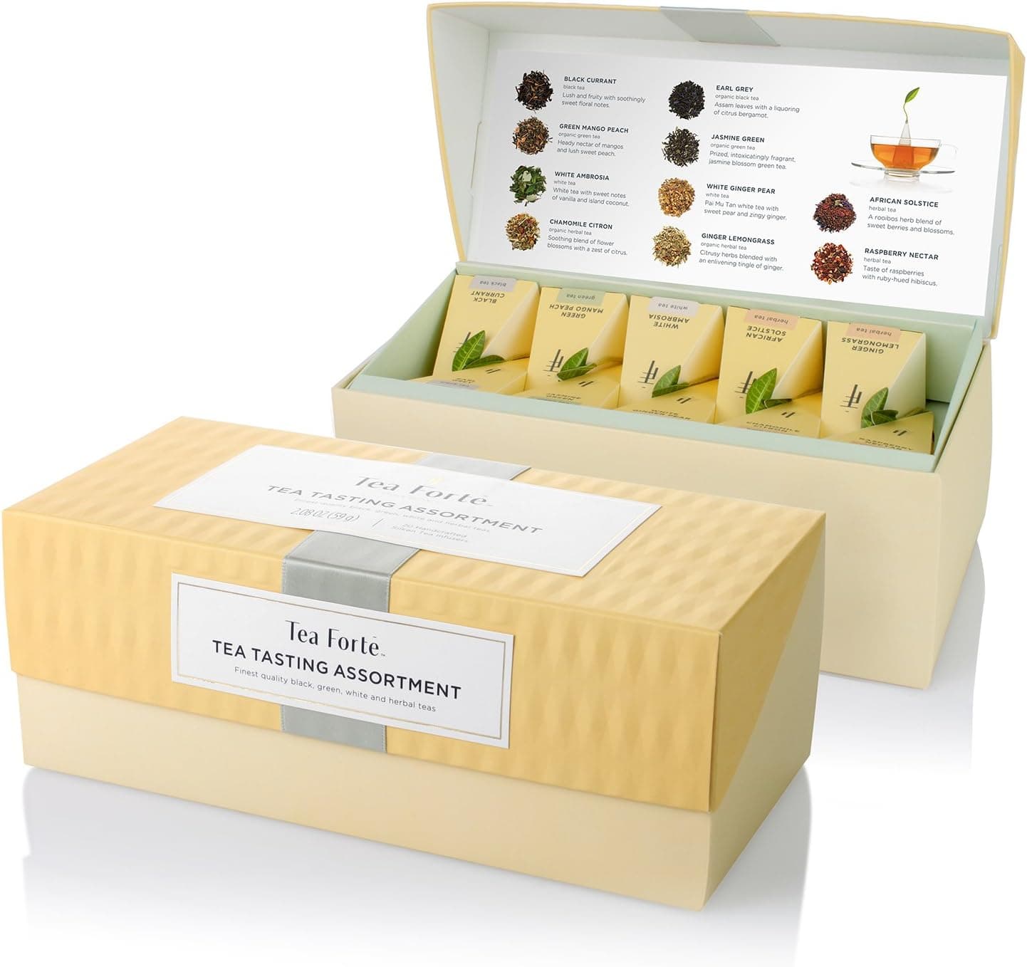 Tea Forte Tea Sampler Presentation Box, 20 Assorted Handcrafted Pyramid Tea Infuser Bags, Tea Tasting Assortment: Black, White, Green, Herbal