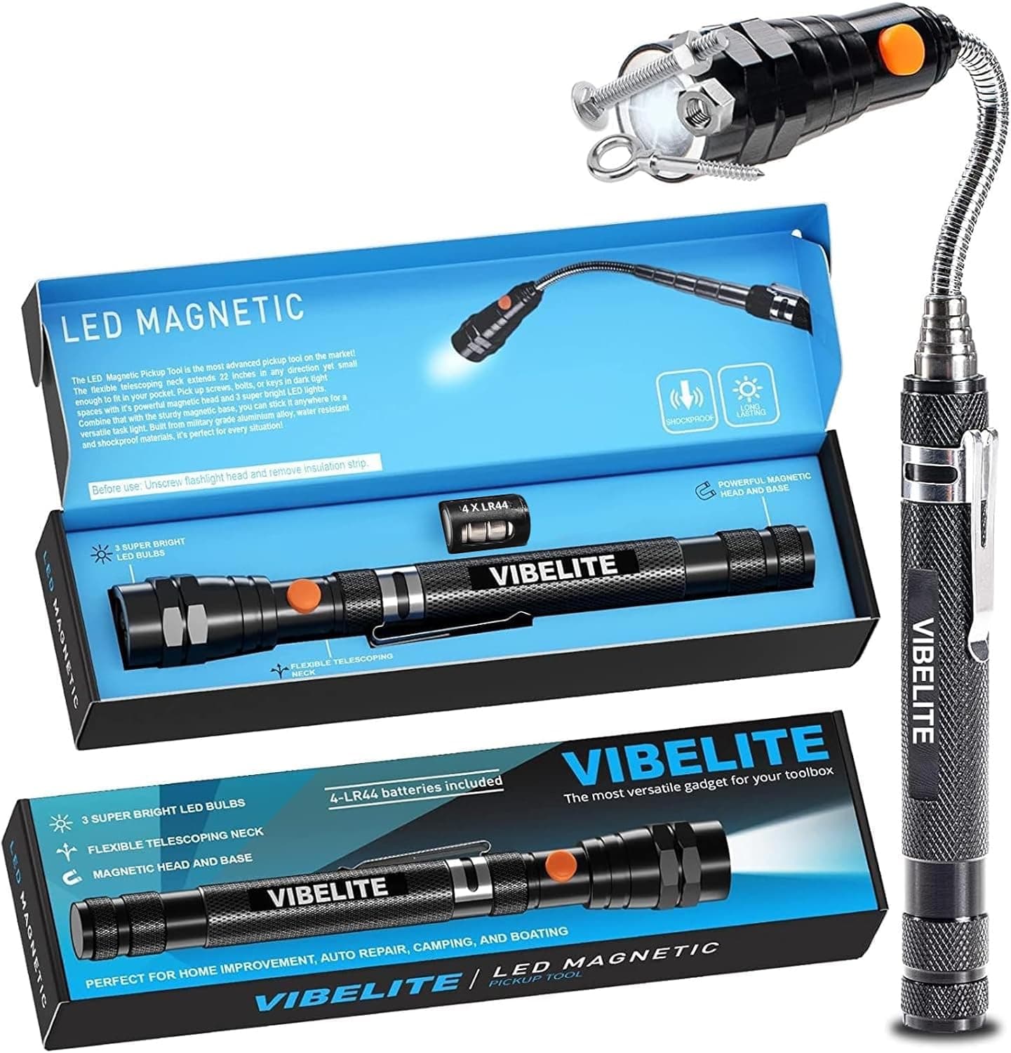 VIBELITE Extendable Magnetic Flashlight with Telescoping Magnet Pickup Tool-Cool Gadget Christmas Gifts Stocking Stuffers for Men, Husband, Dad, Father, Mechanic, Tech, Handyman, Him, Women, Black