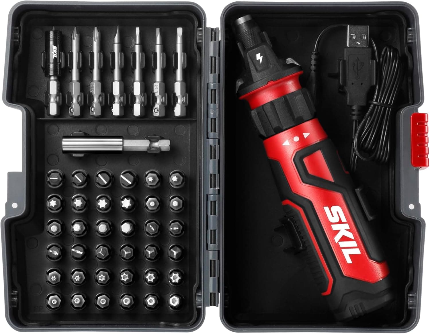 SKIL Rechargeable 4V Cordless Screwdriver with Circuit Sensor Technology Includes 45pcs Bit Set, USB Charging Cable, Carrying Case - SD561204