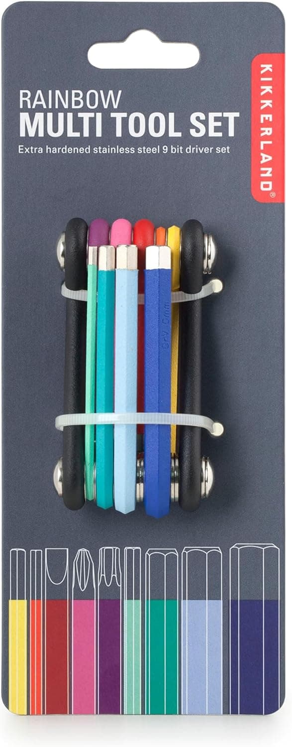Kikkerland 9-in-1 Rainbow Multi-Tool – Compact & Durable 9-Bit Driver Set with Allen Wrenches & Screwdriver Bits – Utility Essentials for Home Improvement & Travel Repair