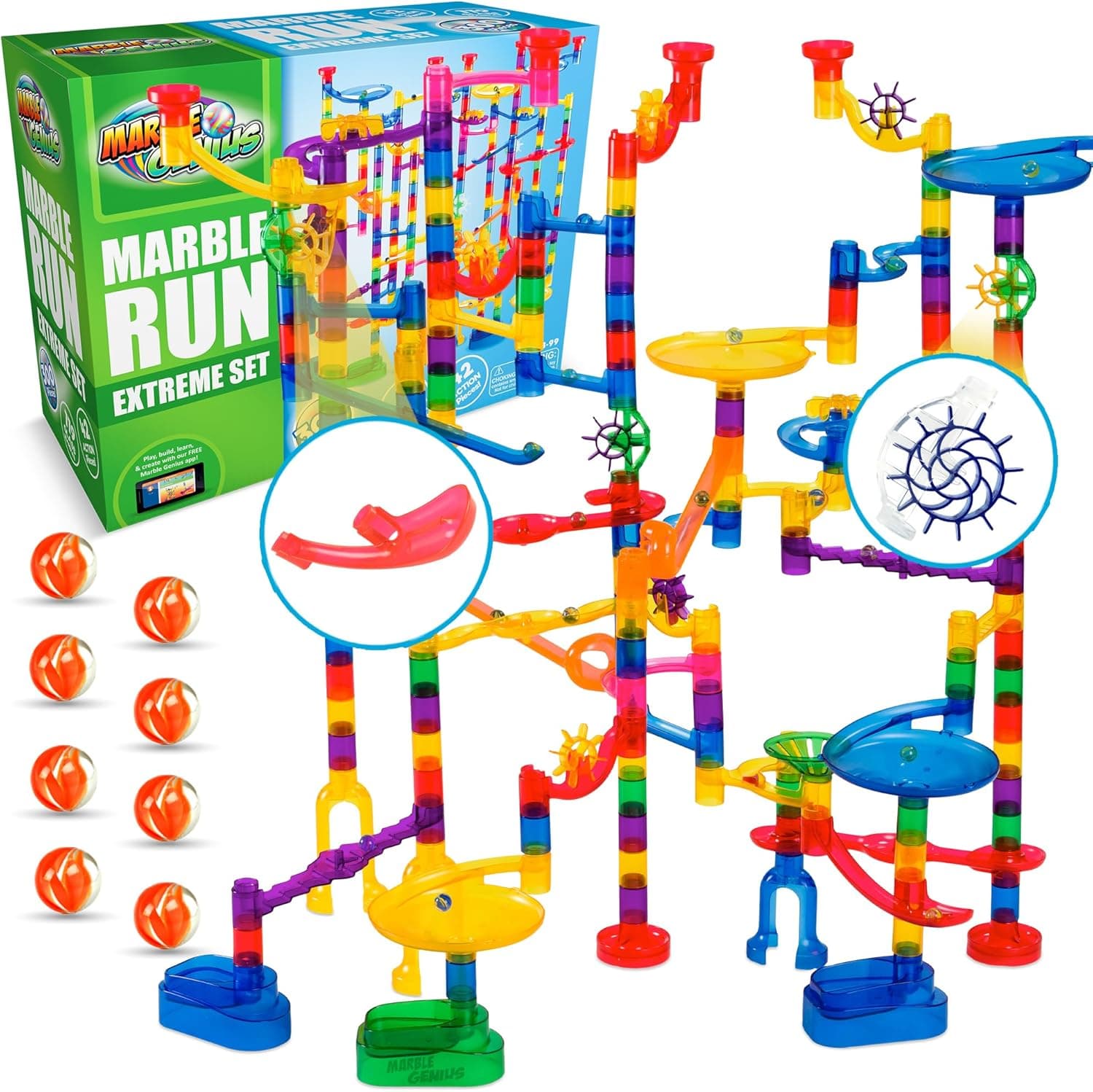 Marble Genius Marble Run Extreme Set, STEM Toys & Maze Construction Building - 300 Translucent Track Pieces & Glass Marbles for Family, Kids Toddlers Ages 4-8 - Fun Holiday Creative Gifts