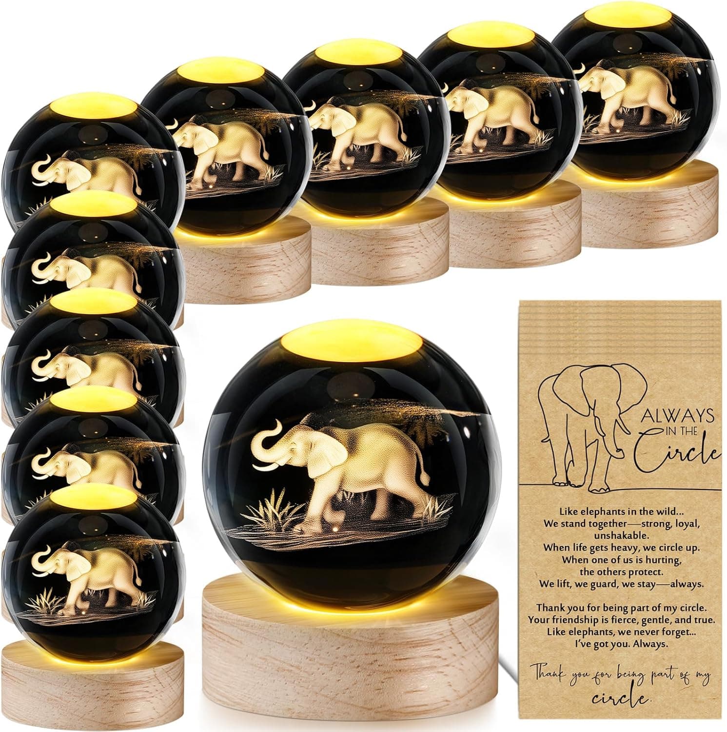 Jetec 10 Sets Thanksgiving Elephant Crystal Ball Night Lamp 3D Elephant Friendsgiving Gift, Light with Wood Base Friendship Card Best Friend Decor Gift for Long Distance BFF Women Christmas Birthday
