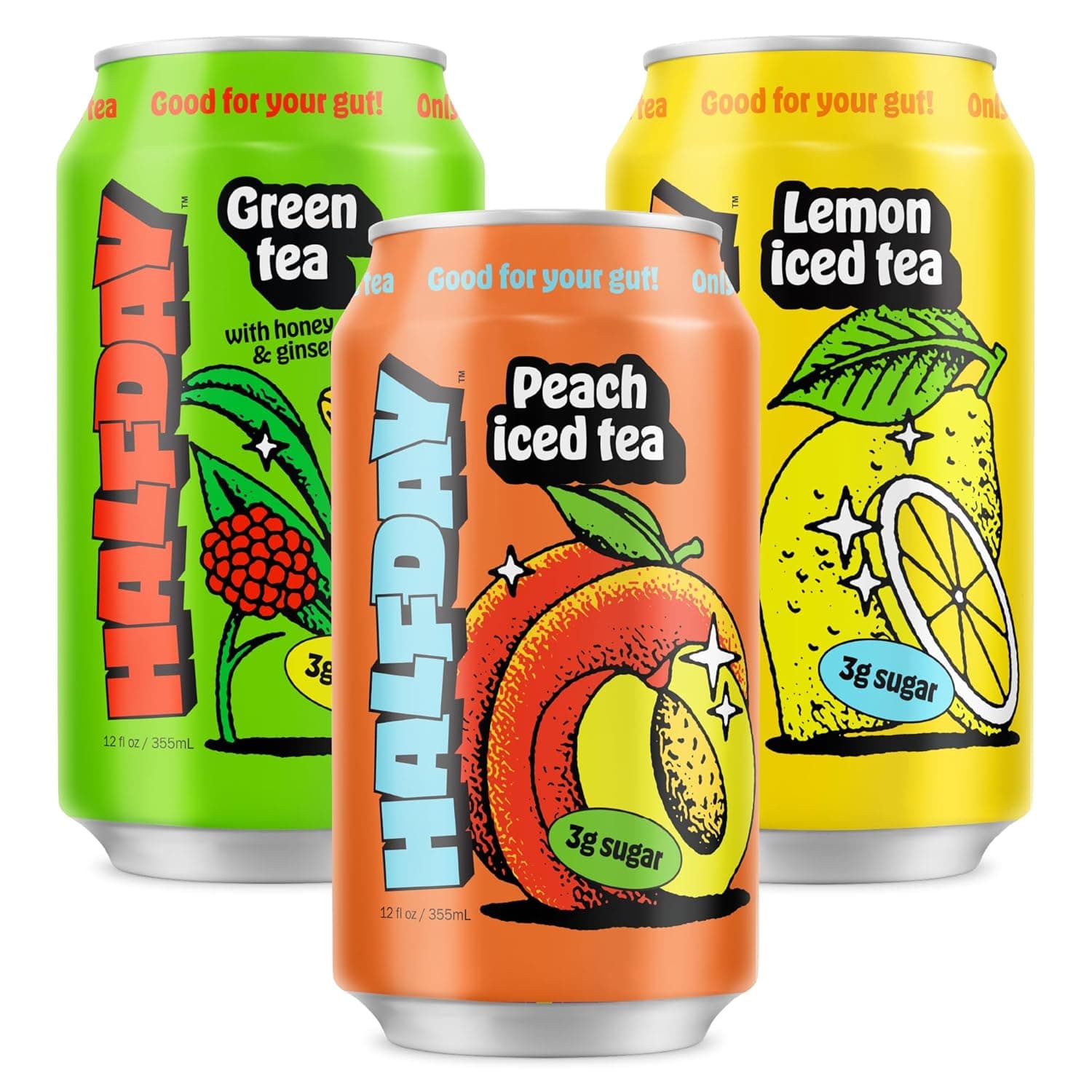HALFDAY Prebiotic Iced Tea Cans, Variety 12 Pack, Supports Digestive Health & Gut Health, 8g Plant Fiber & Prebiotics, Gluten Free, Paleo, Low Calorie, Low Sugar, Organic Lemon, Peach & Green Tea