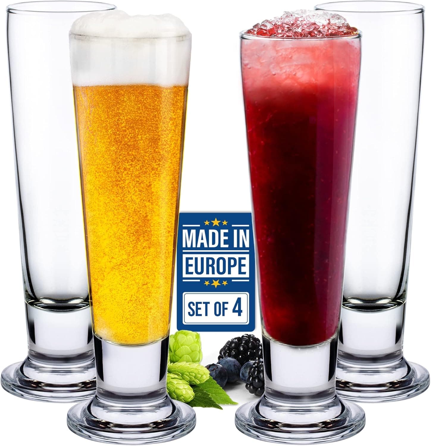 Beer Glasses Set, Tall Footed Pilsner Glass, Pint Beer Drinking Set, Lead-Free Brewery Tumblers, Craft Beer Tasting Glass, 4 PCs