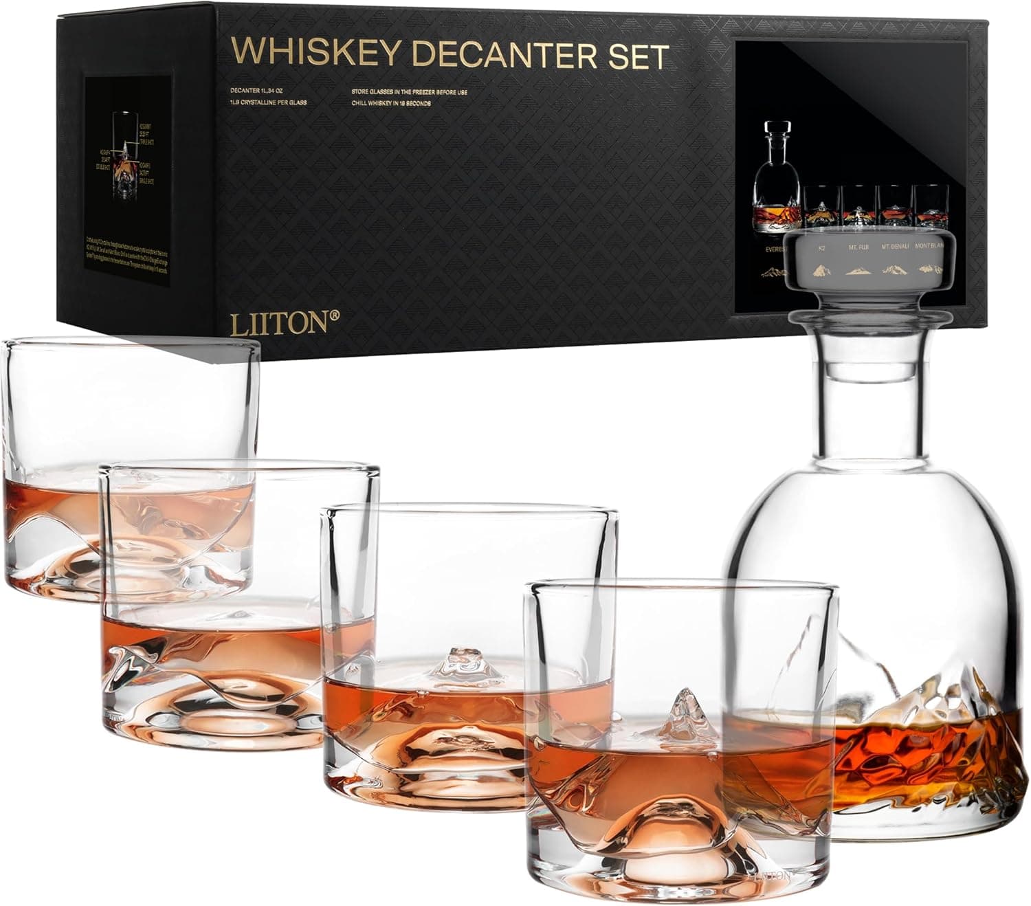 LIITON The Peaks Mountains Crystal Bourbon Whiskey Decanter Gift Set with 4 Old Fashioned Glasses, Premium Luxury Gifts for Men, Vodka, Scotch, Liquor, 1,000 ML