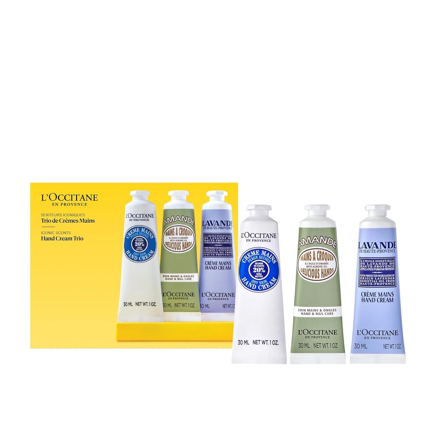 L'OCCITANE Hand Cream Classics, 3-Piece Set: Moisturizing Hand Creams, Shea, Almond, Lavender Iconic Scents, Vegan, All Skin Types, Made in France