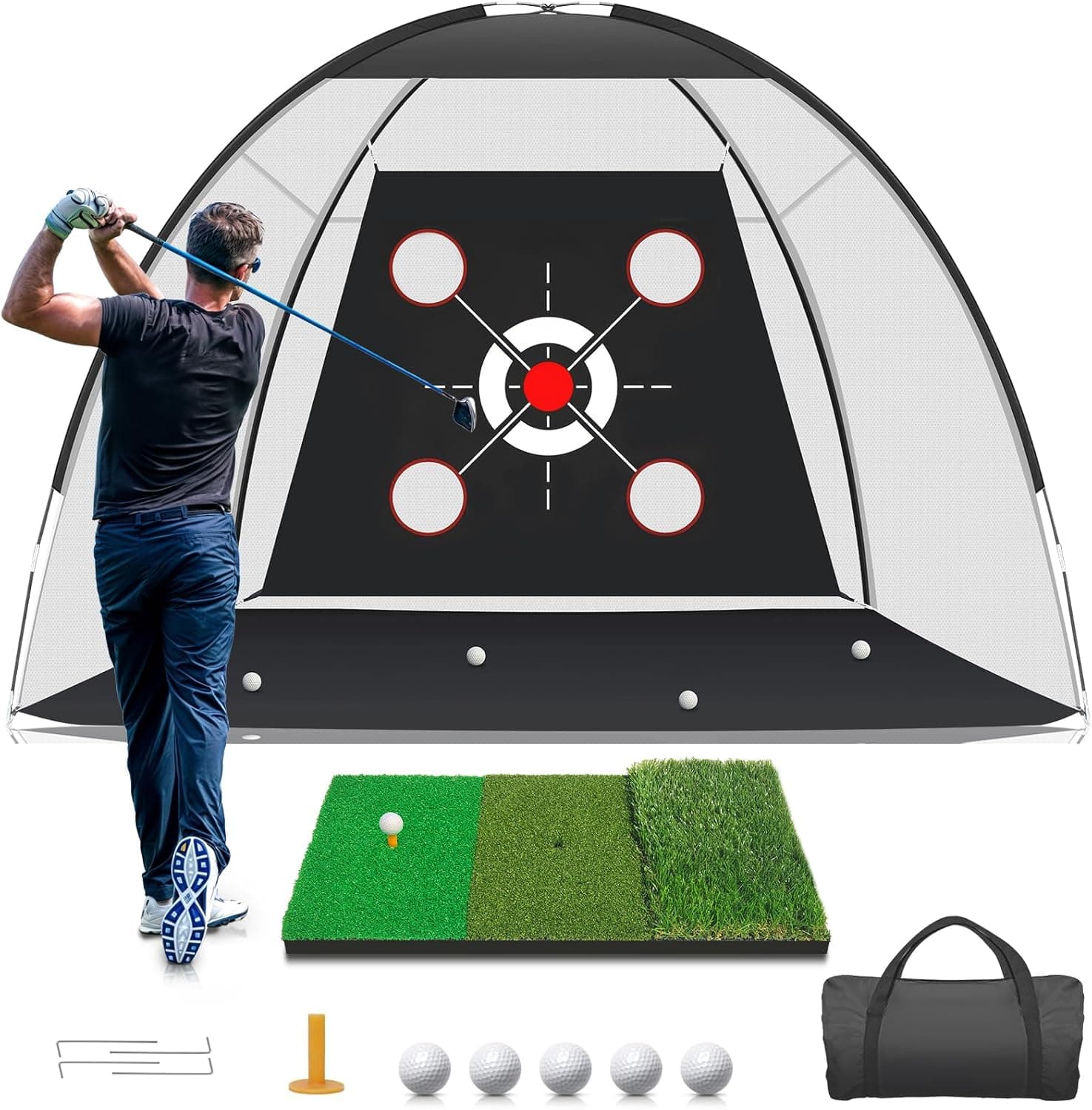 Golf Net with Practice Mat,Golf Hitting Aid Nets 10x7FT for Backyard Driving Chipping Training Swing with Target Mat Balls for Outdoor Indoor,Gifts for Men Dad Him and Golfer
