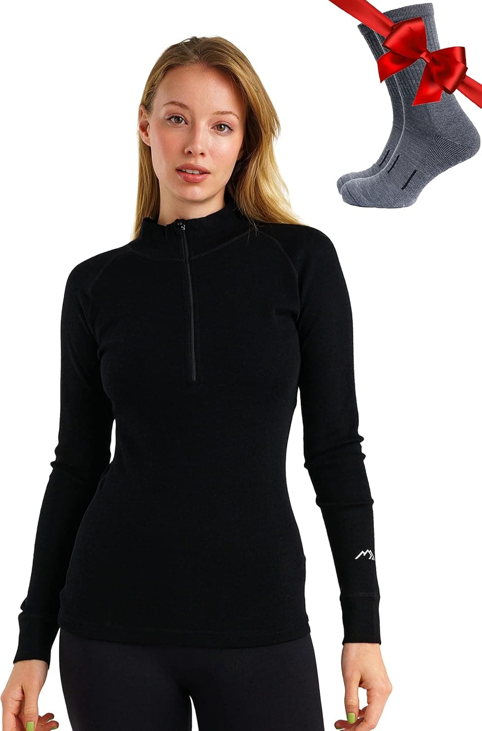 Merino Wool Base Layer Women - 100% Merino Half Zip Sweater Women Lite, Midweight, Heavyweight Thermal Shirts and Socks