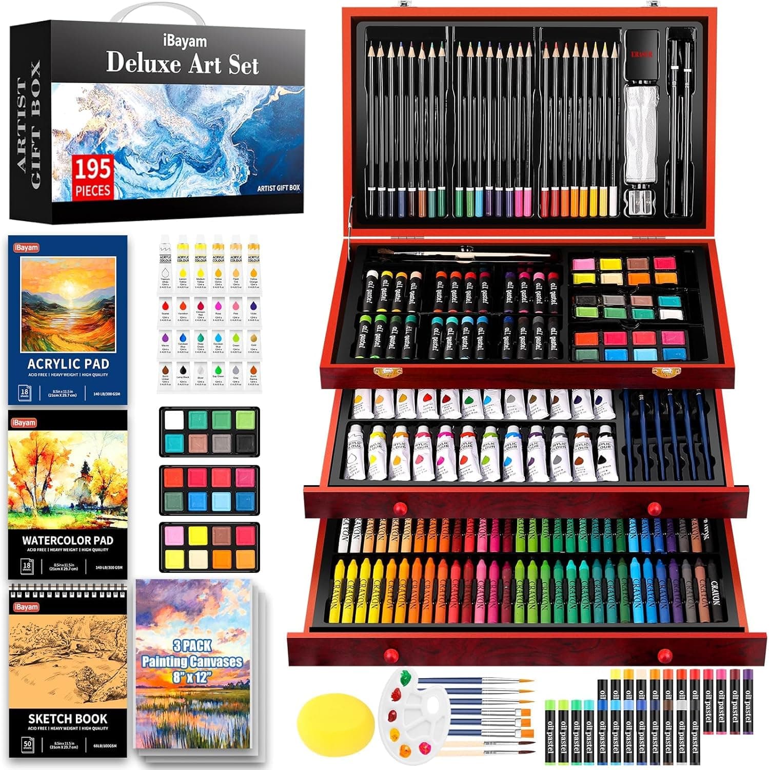 Art Supplies, iBayam 195 Pack Art Set Drawing Kit for Kids Teens Girls Boys Adult, Arts and Crafts Painting Kit, Art Kits Paint Set with Acrylic Pad, Sketchbooks, Watercolor Pad, Canvases, Gift Box