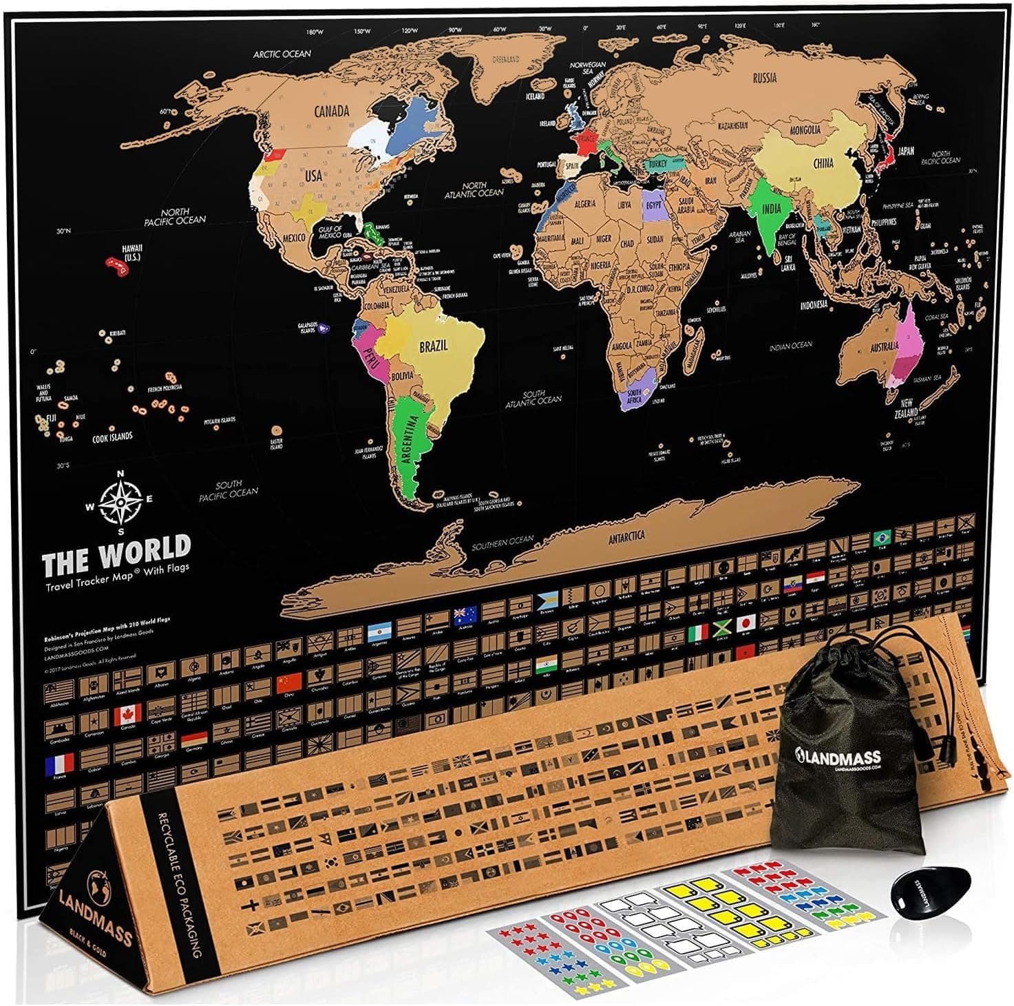 Landmass Scratch Off World Map, Deluxe Travel Tracker with Flags, Detailed Cartography, Gift Idea for Travelers, Wall Art, Home or Office Decor, 17x24 Inches